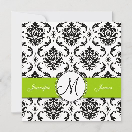 Black Damask Green Wedding Invitation Kaart (Voorkant)