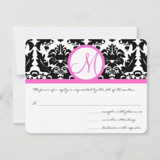 Black Damask Heart Swirl Bright Pink Trim RSVP (Dos)