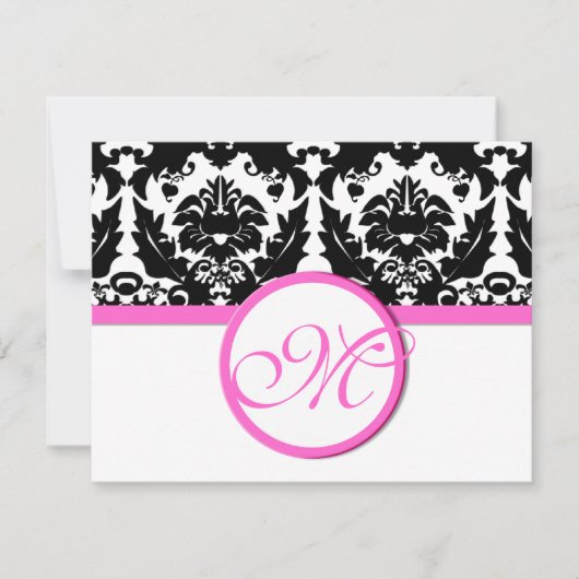 Black Damask Heart Swirl Bright Pink Trim RSVP (Voorkant)