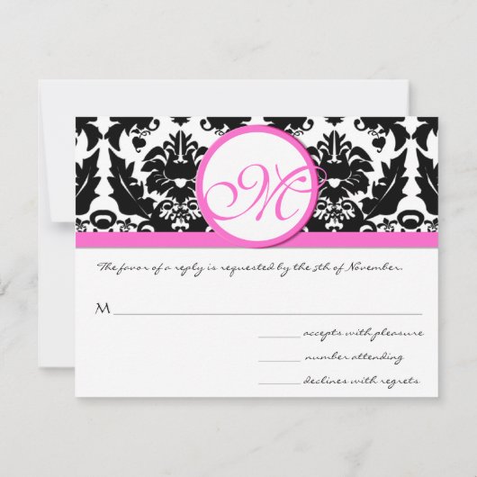 Black Damask Heart Swirl Bright Pink Trim RSVP (Achterkant)
