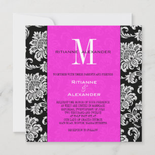 Black Damask Hot Pink Monogram Weddenschap Kaart