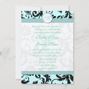 Black Damask Light Aqua Blue Wedding Invitation Kaart