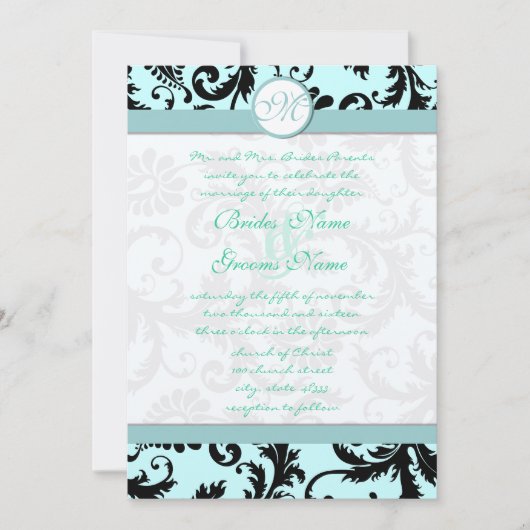 Black Damask Light Aqua Blue Wedding Invitation Kaart (Voorkant)