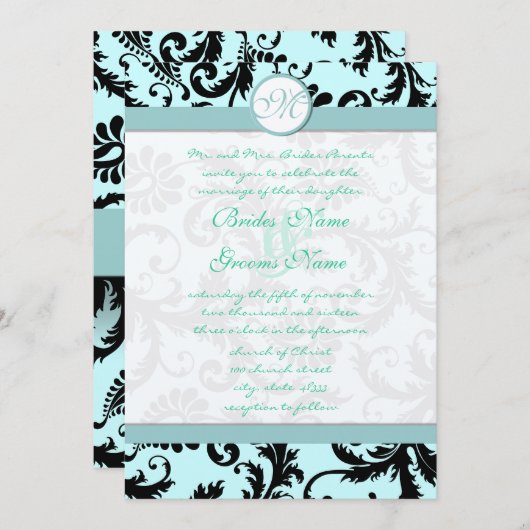 Black Damask Light Aqua Faire-part de mariage bleu (Devant / Derrière)
