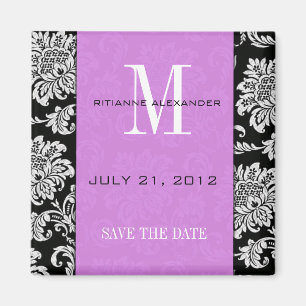 Black Damask Light Paars Monogram slaat de datum o Magneet