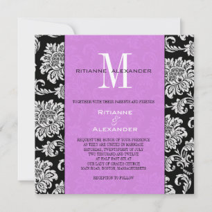 Black Damask Light Purple Monogramme Invitation