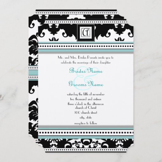 Black Damask met Aqua Trim Wedding Invitation Kaart (Voorkant / Achterkant)