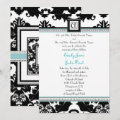 Black Damask met Aqua Trim Wedding Invitation Kaart (Voorkant / Achterkant)