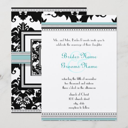 Black Damask met Aqua Trim Wedding Invitation Kaart (Voorkant / Achterkant)