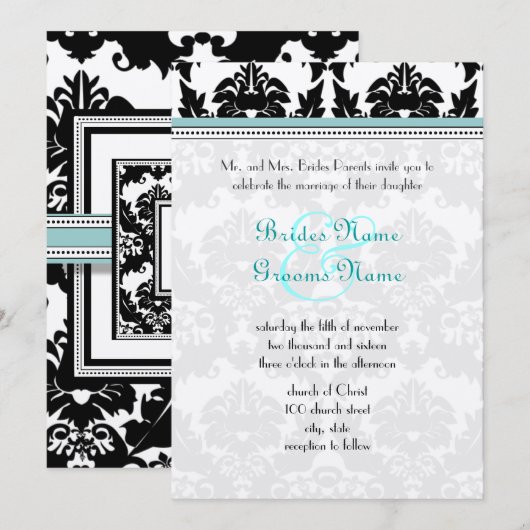 Black Damask met Aqua Trim Wedding Invitation Kaart (Voorkant / Achterkant)