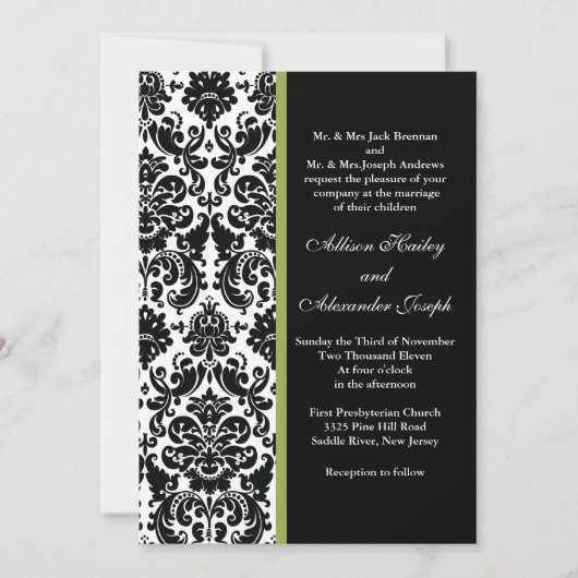 Black Damask met Green accent Wedding Invitation Kaart (Voorkant)