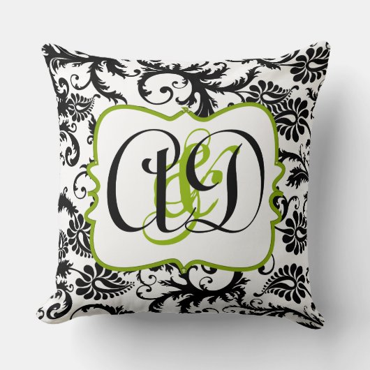 Black Damask Monogram Bride en Groom Pillow Kussen (Voorkant)