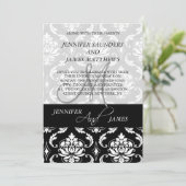 Black Damask Monogram Names Wedding Invitations Kaart (Staand voorkant)