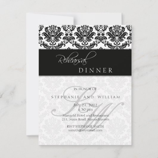 Black Damask Monogram Rehearsal Dinner Kaart (Voorkant)