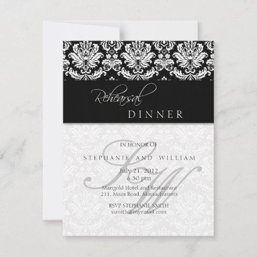 Black Damask Monogram Rehearsal Dinner Kaart (Voorkant)