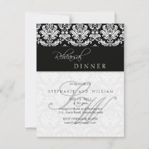 Black Damask Monogram Rehearsal Dinner Kaart