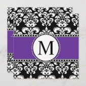Black Damask Monogram Wedding Invitations Paars Kaart (Voorkant / Achterkant)