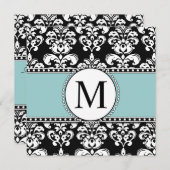 Black Damask Monogram Wedding Invitting Blue Kaart (Voorkant / Achterkant)