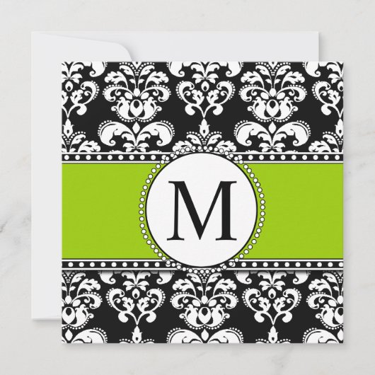 Black Damask Monogram Wedding Invitting Green Kaart (Voorkant)