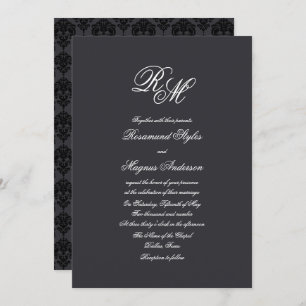 Black Damask   Monogrammed Wedding Kaart