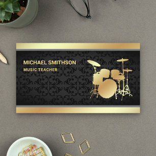 Black Damask Music Teacher Gold Drum Kit Drummer Visitekaartje