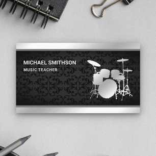 Black Damask Music Teacher Silver Drum Kit Drummer Visitekaartje