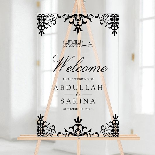 Black Damask Muslim Wedding Welcome Acryl Bord