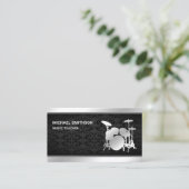 Black Damask Muziekdocent Zilveren Drum Kit Drumme Visitekaartje (Staand voorkant)