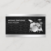Black Damask Muziekdocent Zilveren Drum Kit Drumme Visitekaartje (Voorkant)