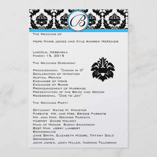 Black Damask on White Aqua Trim Wedding Program Programma (Voorkant)