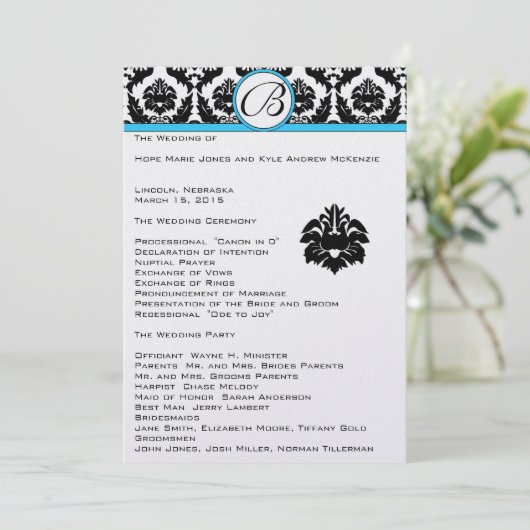 Black Damask on White Aqua Trim Wedding Program Programma (Staand voorkant)
