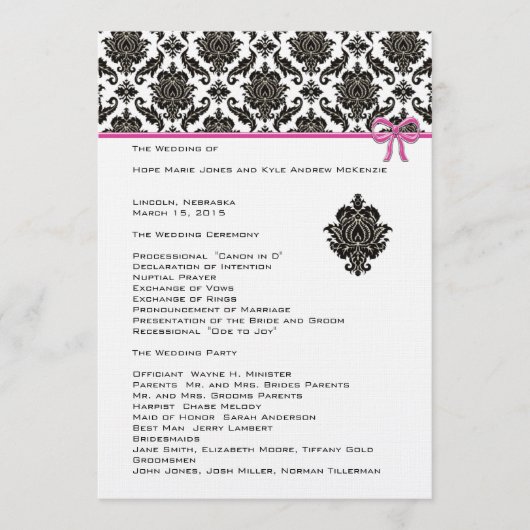 Black Damask on White Pink Trim Wedding Program Programma (Voorkant)
