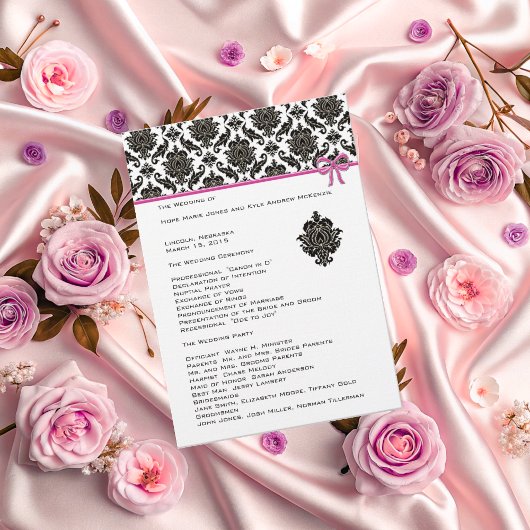 Black Damask on White Pink Trim Wedding Program Programma
