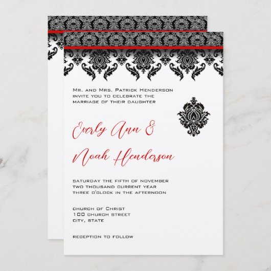 Black Damask on White Red Trim Weddenschap Kaart (Voorkant / Achterkant)