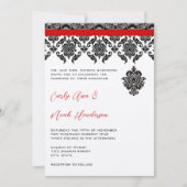 Black Damask on White Red Trim Weddenschap Kaart (Voorkant)