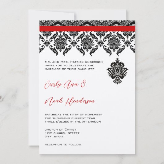 Black Damask on White Red Trim Weddenschap Kaart (Voorkant)