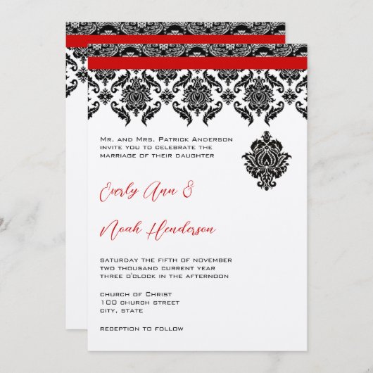 Black Damask on White Red Trim Weddenschap Kaart (Voorkant / Achterkant)