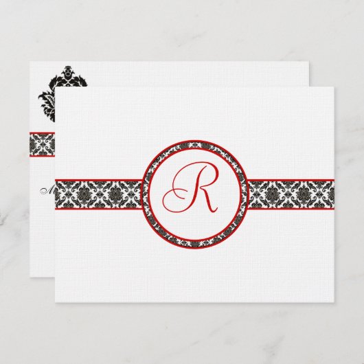 Black Damask on White Red Trim Weddenschap Respons RSVP Kaartje (Voorkant / Achterkant)