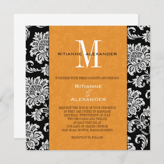 Black Damask Oranje Monogram Weddenschap Kaart (Voorkant / Achterkant)