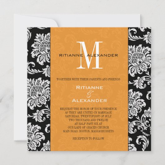 Black Damask Oranje Monogram Weddenschap Kaart (Voorkant)