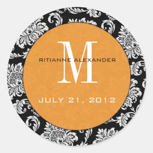 Black Damask Oranje Monogram Wedding Sticker (Voorkant)