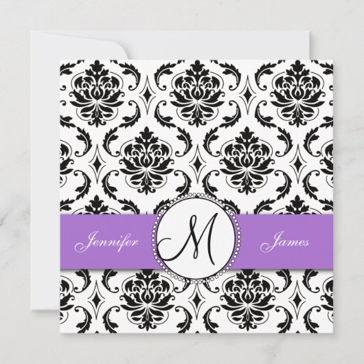 Black Damask Paars Wedding Invitation Kaart (Voorkant)
