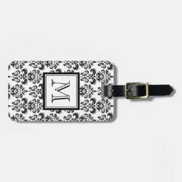 Black Damask Patroon 2 met Uw Monogram Bagagelabel