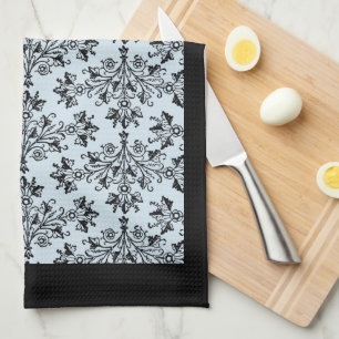Black Damask Pattern op Grey Kitchen Towel Theedoek