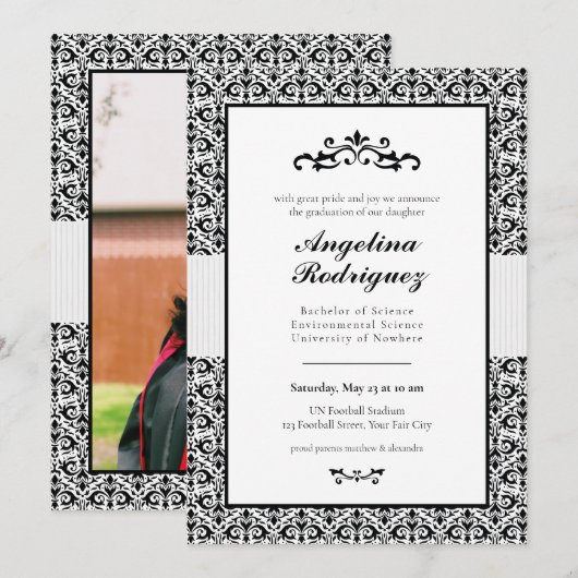Black Damask Pattern Photo Afstuderen Invitation Kaart (Voorkant / Achterkant)