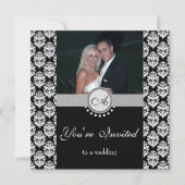 Black Damask Photo Wedding Invitation Kaart (Voorkant)