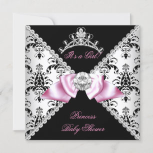 Black Damask Pink Bow Princess Baby shower Diamond Kaart