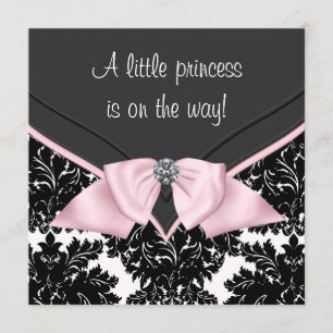 Black Damask Pink Bow Princess Baby shower Kaart