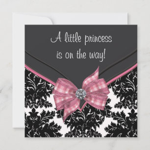 Black Damask Pink Bow Princess Baby shower Kaart