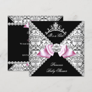 Black Damask Pink Bow Princess Baby shower Pink Kaart